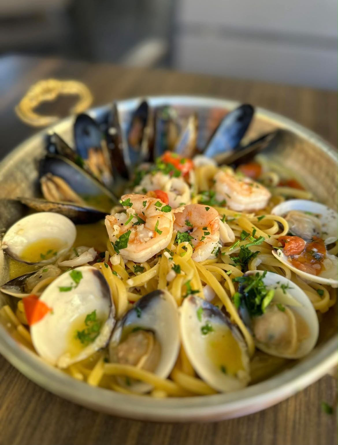 Pasta allo scoglio with clams, mussels, shrimp, and octopus