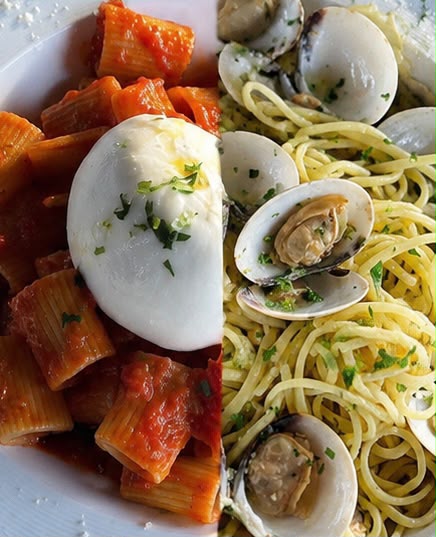 Collage of rigatoni with burrata and spaghetti vongole