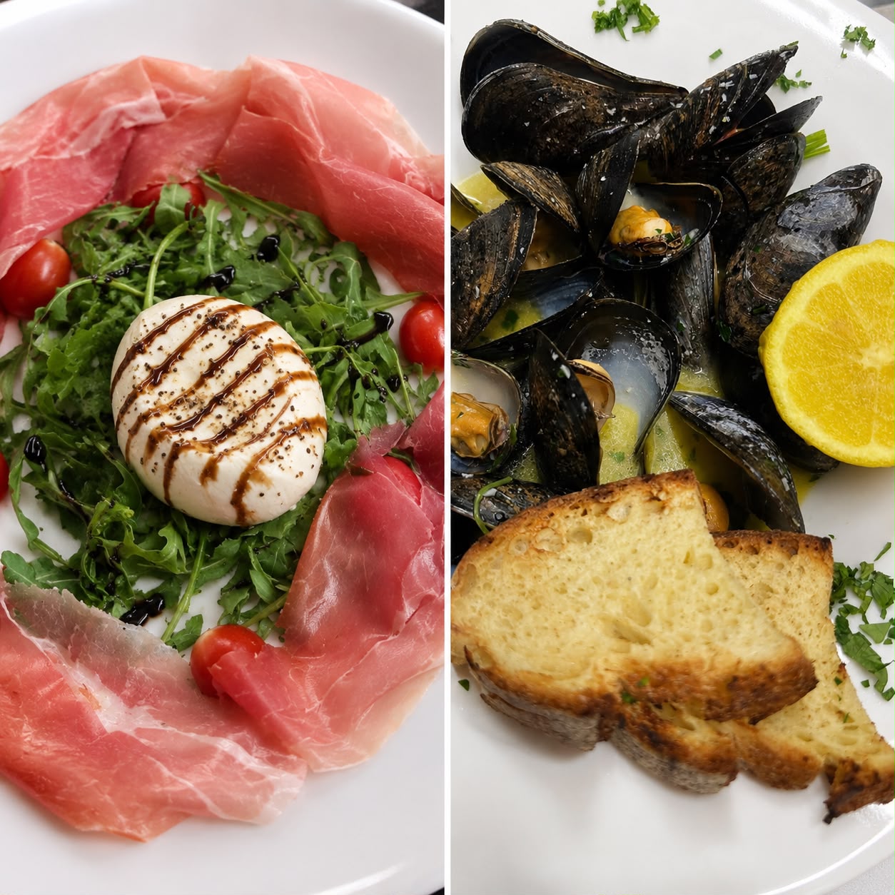 Collage of burrata with prosciutto and sauteed mussels